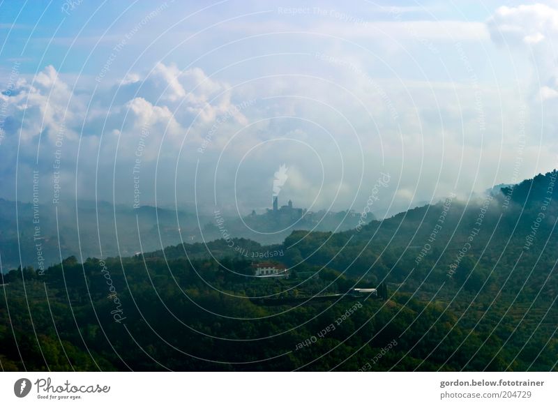 Tuscan blue Landscape Sky Clouds Summer Weather Fog Hill Tuscany Italy Village Tourist Attraction Blue Green Romance Colour photo Exterior shot Deserted Morning