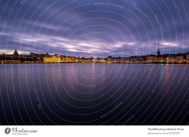 Stockholm Skyline Town Capital city Gold Black Violet Moody Old town Light Sweden Twilight Clouds Church Water Ocean Reflection City trip Long exposure