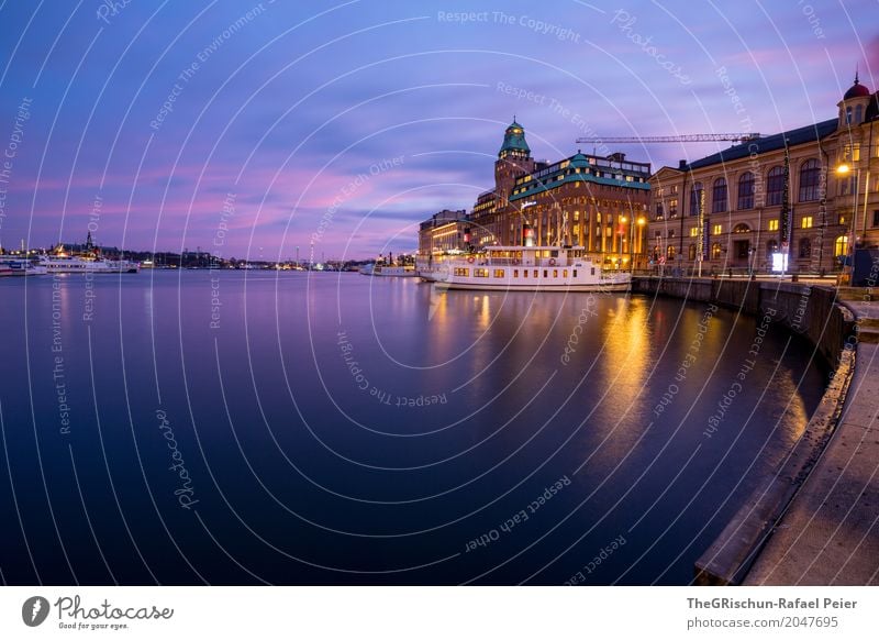 shipping Town Capital city Blue Yellow Gold Violet Turquoise White Stockholm Sweden Water Reflection City trip Hotel Navigation Light Twilight Moody Drop anchor