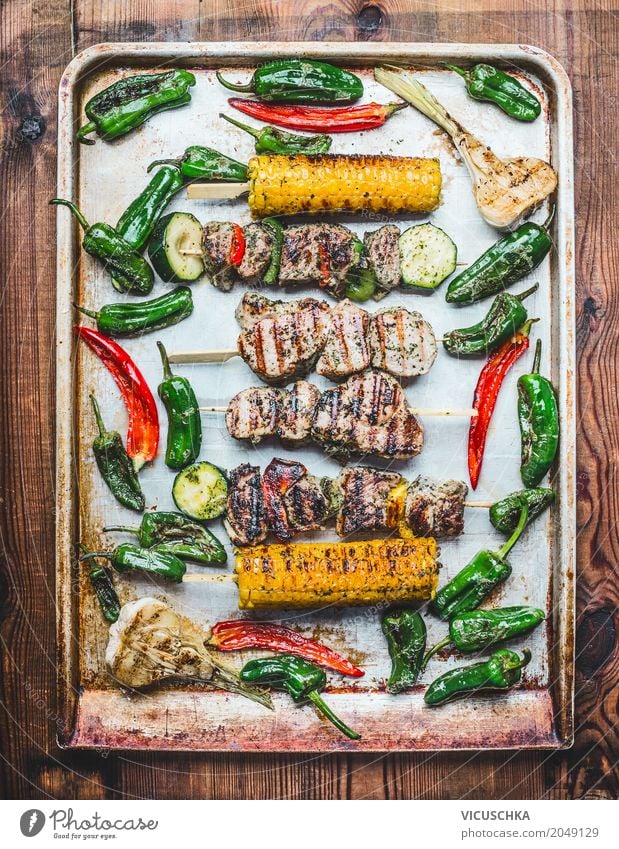Grill plate with roasted meat skewers, vegetables and corn on the cob Food Meat Vegetable Lunch Picnic Organic produce Style Design Healthy Eating Kitchen