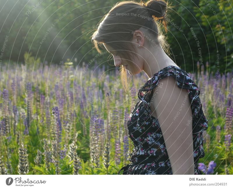 Sun makes you happy Human being Feminine Youth (Young adults) 1 Nature Sunlight Summer Beautiful weather Flower Wild plant Meadow Dress Hair and hairstyles