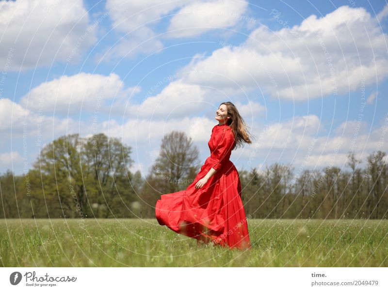 . Feminine Woman Adults 1 Human being Sky Clouds Beautiful weather Meadow Forest Dress Blonde Long-haired Movement Rotate Relaxation Dance Happiness Happy Joy