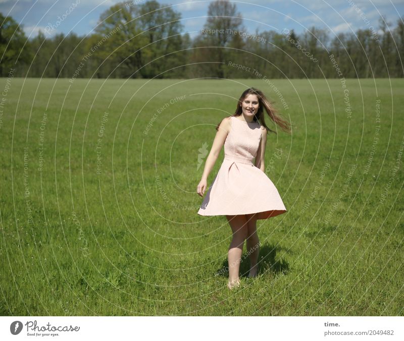 . Feminine Woman Adults 1 Human being Spring Beautiful weather Tree Meadow Field Dress Brunette Long-haired Observe Movement Rotate Looking Dance Free Happiness