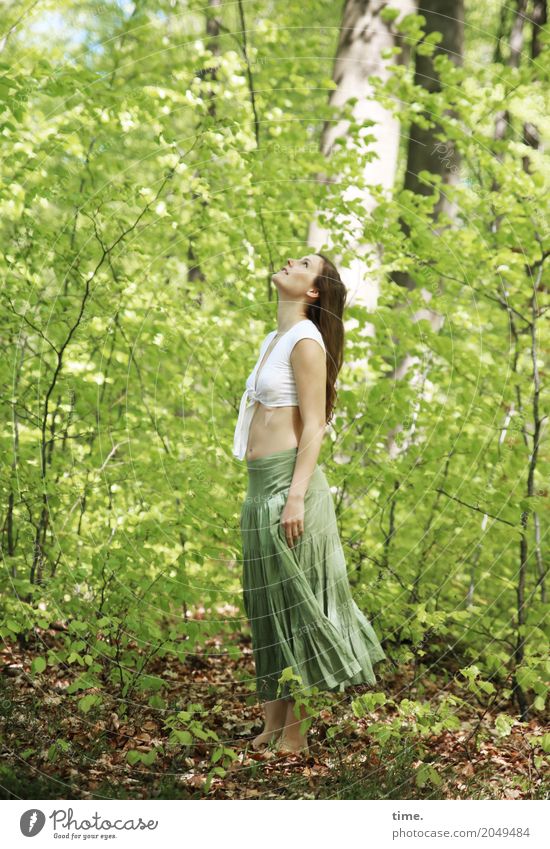 . Feminine Woman Adults 1 Human being Environment Nature Landscape Plant Earth Beautiful weather Tree Forest Shirt Skirt Barefoot Brunette Long-haired Observe