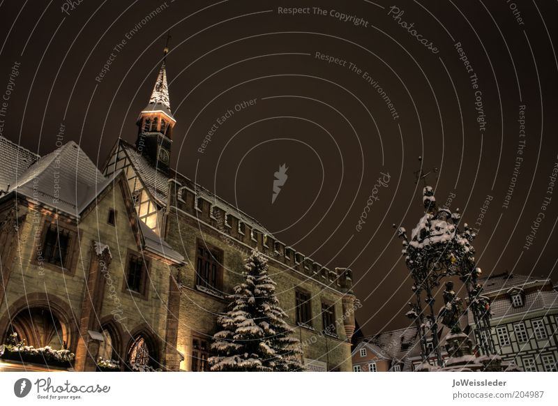 Marketplace, snow-covered and nocturnal Tourism City trip Sculpture Goettingen Small Town Downtown Old town Deserted City hall Tourist Attraction Landmark