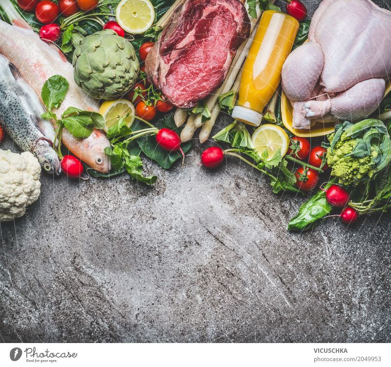 Ingredients for a balanced diet Food Meat Fish Vegetable Lettuce Salad Fruit Apple Herbs and spices Nutrition Organic produce Diet Beverage Cold drink Juice