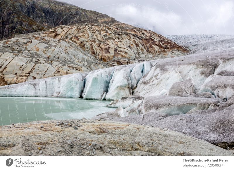 rhonegletscher Environment Nature Landscape Blue Brown Gray Black Silver Turquoise White Glacier Ice Stone Switzerland Melt Lake Rhone glacier Clouds Mountain