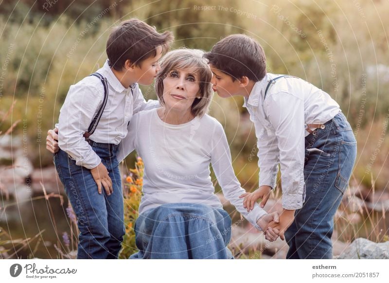 Grandmother with her grandchildren sitting in the field Lifestyle Garden Human being Masculine Feminine Female senior Woman Brothers and sisters Grandparents
