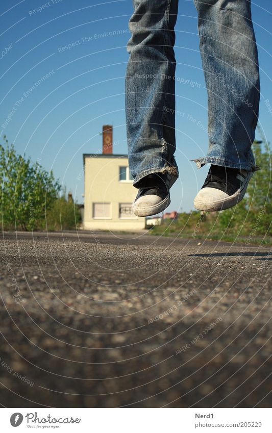 street view Jump Footwear Street Jeans Pants Joy Happy Day Summer House (Residential Structure) Green Blue Yellow Casual shoe Cloudless sky Trouser leg
