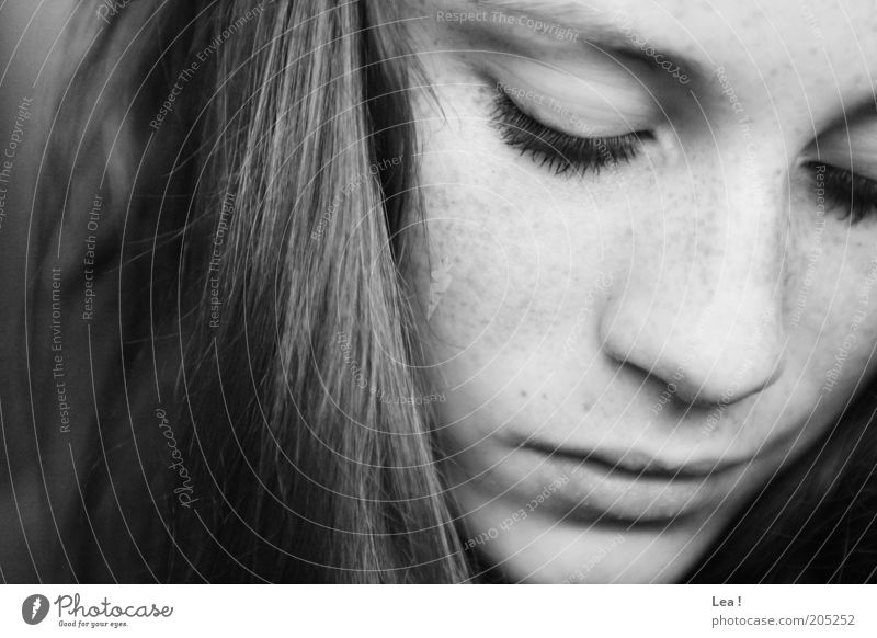 Nameless Feminine Face Freckles 1 Human being Think Looking Near Calm Meditative Boredom Black & white photo Interior shot Day Downward Looking away Long-haired