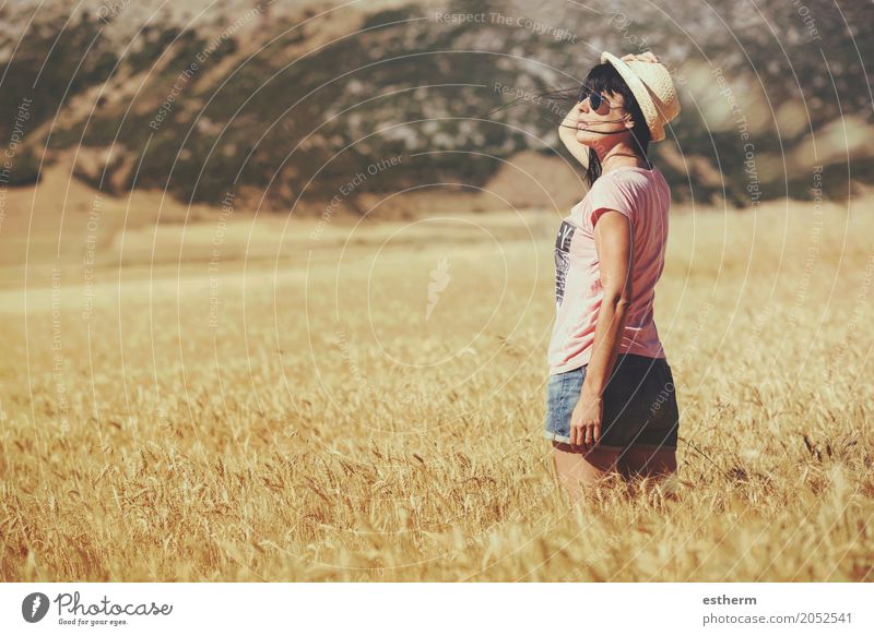 Thoughtful girl in the wheat field Lifestyle Joy Wellness Relaxation Vacation & Travel Trip Adventure Freedom Human being Feminine Young woman