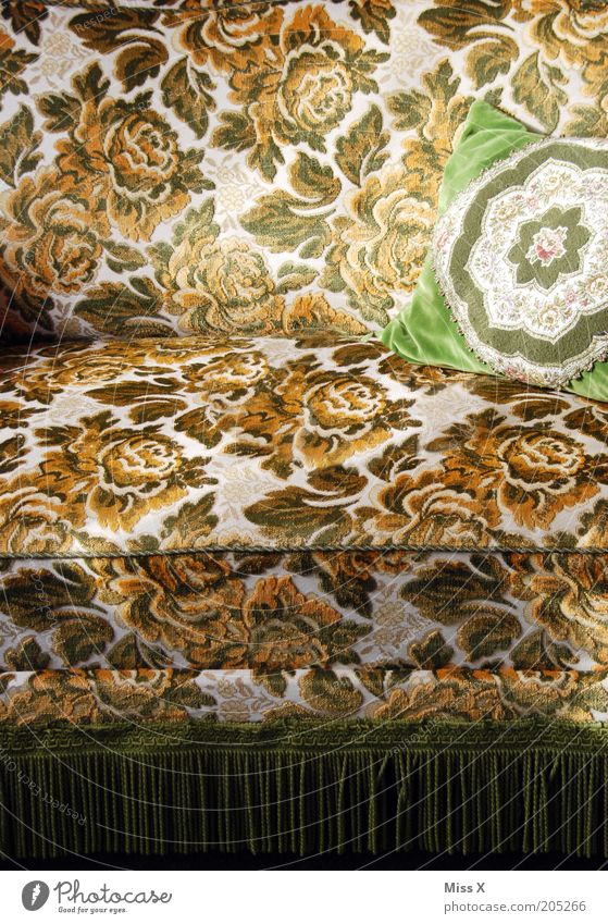musta Decoration Furniture Sofa Armchair Cloth Old Retro Soft Nostalgia Cushion Textiles Colour photo Interior shot Pattern Flowery pattern Fringe Old fashioned