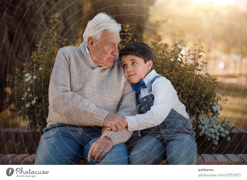 Portrait of grandfather and grandson embracing Lifestyle Human being Masculine Child Boy (child) Grandparents Senior citizen Grandfather Family & Relations