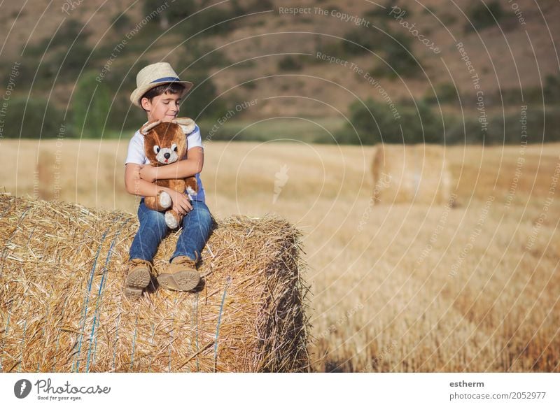 Boy hugging teddy bear in the wheat field Lifestyle Playing Vacation & Travel Freedom Human being Masculine Child Toddler Infancy 1 3 - 8 years Nature Meadow