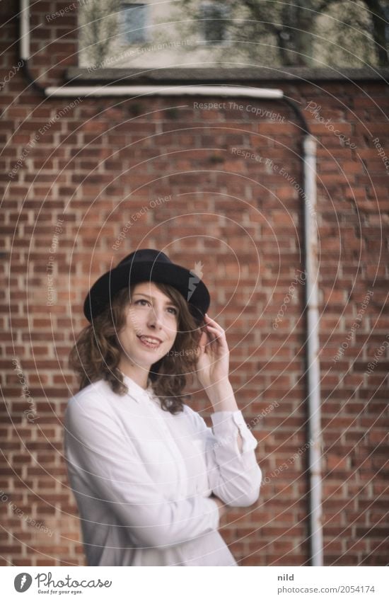 July - Good with a hat portrait Young woman cheerful Attractive naturally Authentic Emanation Adults Long-haired Laughter Hat Chic Woman