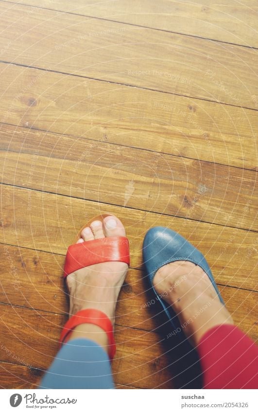 more variety Feet Toes Footwear Sandal High heels Floor covering Wooden floor Blue Red Inverted False alternation Crazy Irritation Alzheimer's Exceptional
