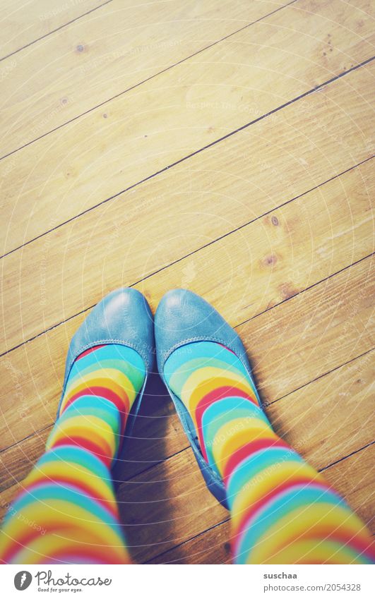 variegated Feet Footwear Wooden floor Legs Stand Striped Striped socks Multicoloured Crazy Exceptional Style Fashion Young woman
