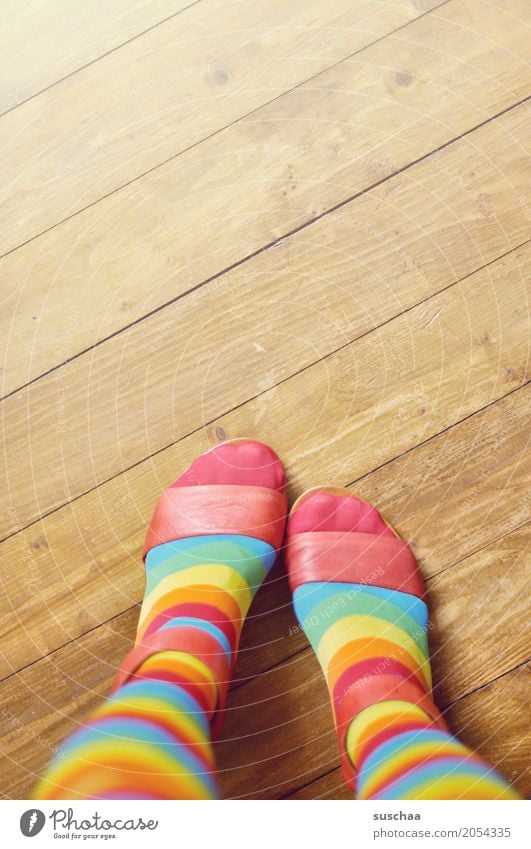 variegated Feet Footwear Sandal Toes Wooden floor Floor covering Stand Striped Striped socks Crazy Multicoloured Style Fashion aberration of taste