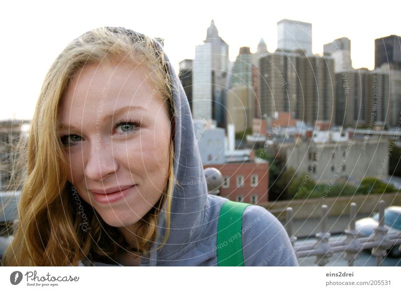 Hello New York Vacation & Travel Trip Sightseeing City trip Feminine Young woman Youth (Young adults) 1 Human being High-rise Looking Blonde Happy Beautiful Joy