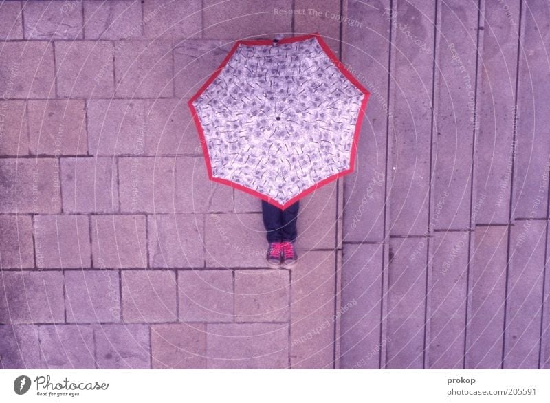 Sky pink. Rain is waiting. Human being Umbrella Footwear Sneakers Sit Pink Hide Anonymous Perspective Colour photo Exterior shot Day Bird's-eye view Long shot