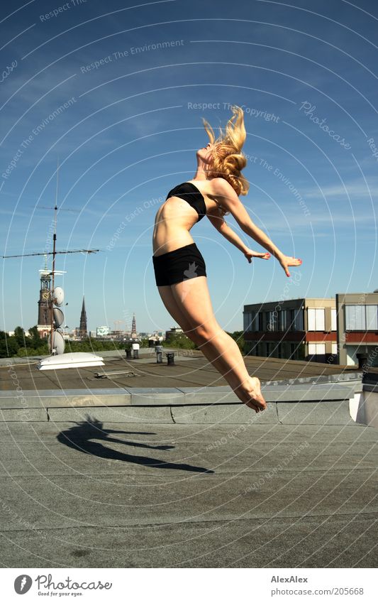 Goes through the air Joy Life Roof Jump Dance Antenna Woman Adults Hair and hairstyles Arm Hand Legs 18 - 30 years Youth (Young adults) Youth culture Air Sky
