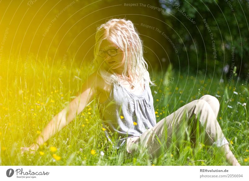 Jule on the flower meadow. Human being Feminine Young woman Youth (Young adults) 1 18 - 30 years Adults Environment Nature Landscape Sun Summer