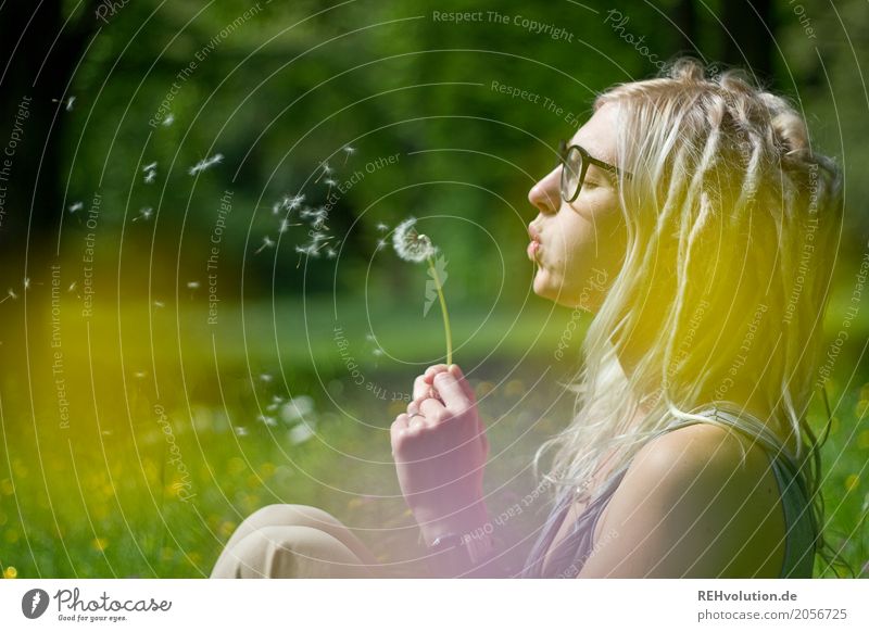 Jule dandelion. Human being Feminine Young woman Youth (Young adults) Woman Adults Face 1 18 - 30 years Environment Nature Landscape Sunlight Summer Flower