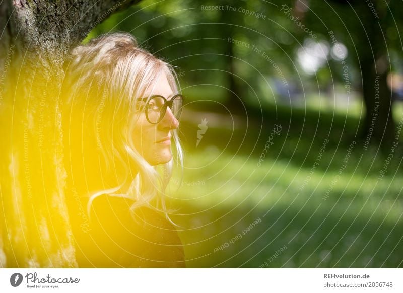 Young woman in the park Woman Youth (Young adults) Hair and hairstyles Face Adults Environment Human being Feminine Nature Summer Park Tree Meadow Eyeglasses