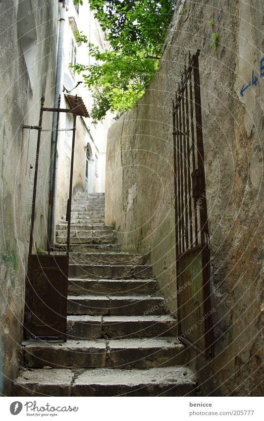 narrow gases Deserted Empty Alley Town Entrance Old Gate Iron gate Grating Stairs Go up Narrow Old town Historic Castle Fear Mysterious Target Day Europe Rust