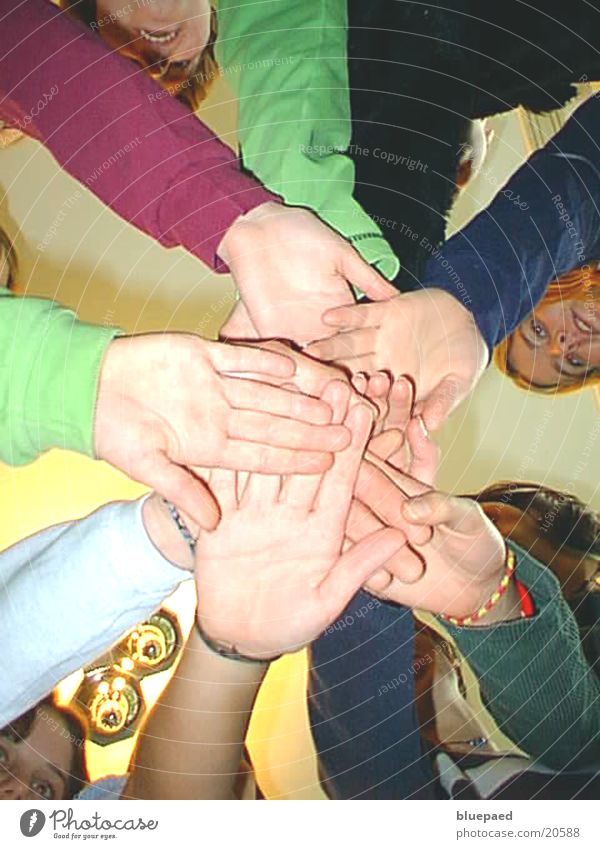 hands Hand Group Team Sports team Youth (Young adults) Attachment Woman Interior shot Worm's-eye view Friendship Power Together