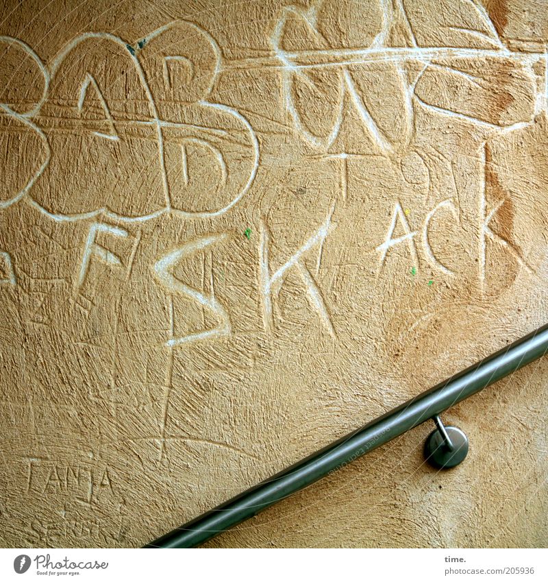 [H10.1] - Guestbook, public Wall (barrier) Wall (building) Banister Letters (alphabet) Plaster scratched Scribbles Beige Colour photo Subdued colour