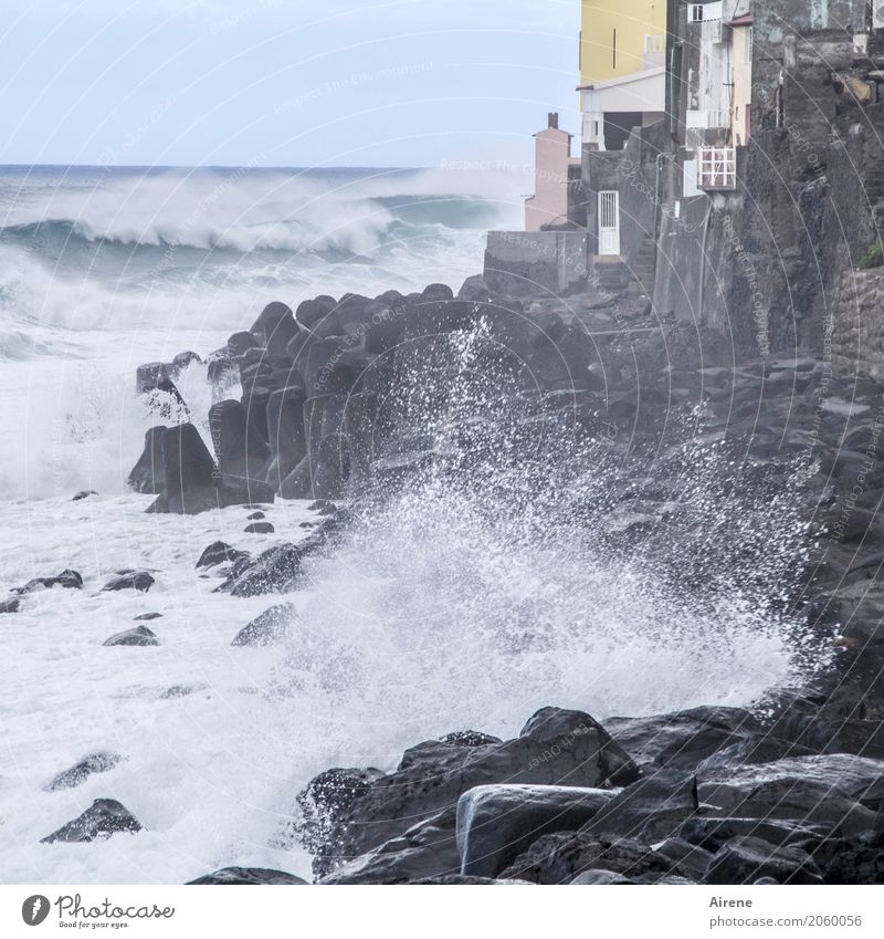 rough sea crashes on rocky coastline with fishing village Vacation & Travel Far-off places Ocean Waves Elements Water Gale Coast Madeira Village Fishing village