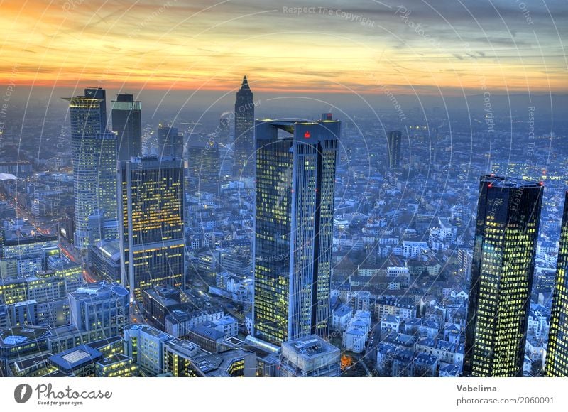 Frankfurt, evening Town Downtown Skyline High-rise Bank building Building Architecture Blue Multicoloured Yellow Gold Gray Pink Black City Bench banks Dusk