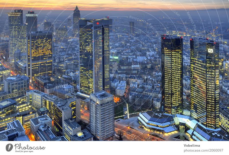 Frankfurt, evening Town Downtown Skyline High-rise Bank building Architecture Blue Brown Multicoloured Yellow Gold Gray Orange Black City Bench banks Dusk
