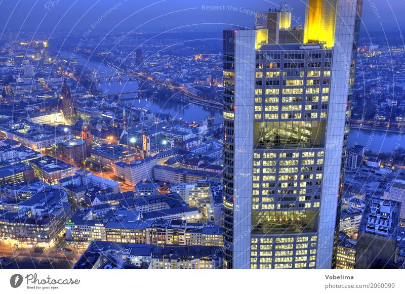 Frankfurt, evening River Town Downtown Skyline High-rise Bank building Dome Bridge Architecture Blue Multicoloured Yellow Gold Gray Orange City Bench banks Dusk