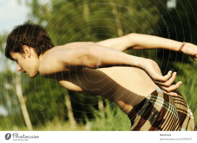 jump in the cold wet Man Human being Youth (Young adults) Summer Sun Nature Lake Swimming lake Austria Jump Water Swimming & Bathing Running start Joy Happy