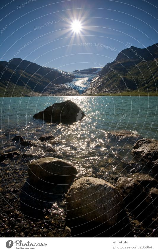 Svartisen Glacier Vacation & Travel Tourism Far-off places Freedom Sun Mountain Nature Landscape Air Water Sky Cloudless sky Summer Beautiful weather Rock