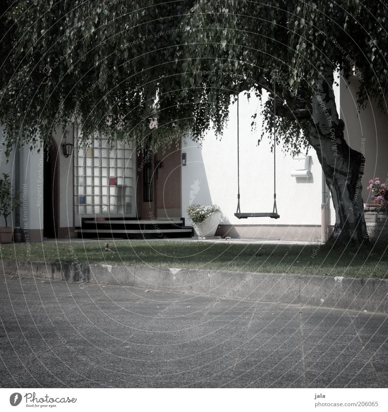 front yard Plant Tree Meadow Detached house Places Building Facade Garden Swing Gray Green White Courtyard Colour photo Subdued colour Exterior shot Deserted