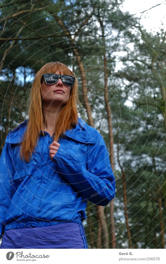 Forest view Woman Beautiful Long-haired Red-haired Sunglasses Crazy royal blue Looking Impassive Cool-headed Cautious Think Meditative Contrast Flashy Tree