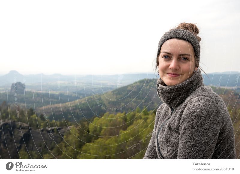 Young woman smiling at the camera. In the background the landscape of the Elbe Sandstone Mountains Trip Hiking Feminine Youth (Young adults) 1 Human being