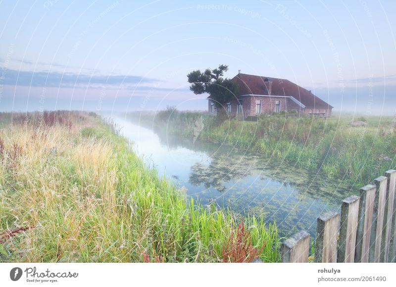 cozy and charming farmhouse by river at sunrise House (Residential Structure) Nature Landscape Sky Sunrise Sunset Summer Fog Meadow Field River Building