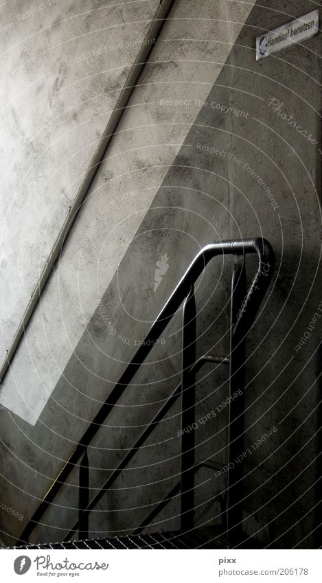 download Interior design Building Stairs Metal Signs and labeling Old Dirty Dark Gray Black Handrail Landing Colour photo Interior shot Deserted Contrast