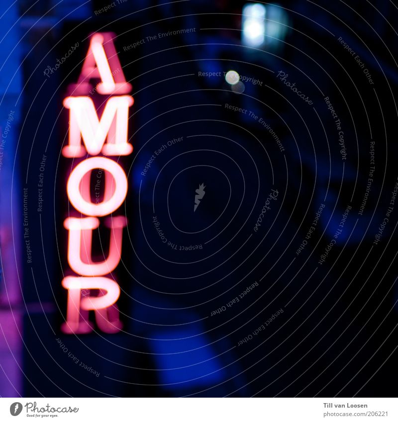AMOUR Night life Entertainment Going out Deserted Characters Signs and labeling Blue Pink Black Services Neon light Colour photo Exterior shot Copy Space right