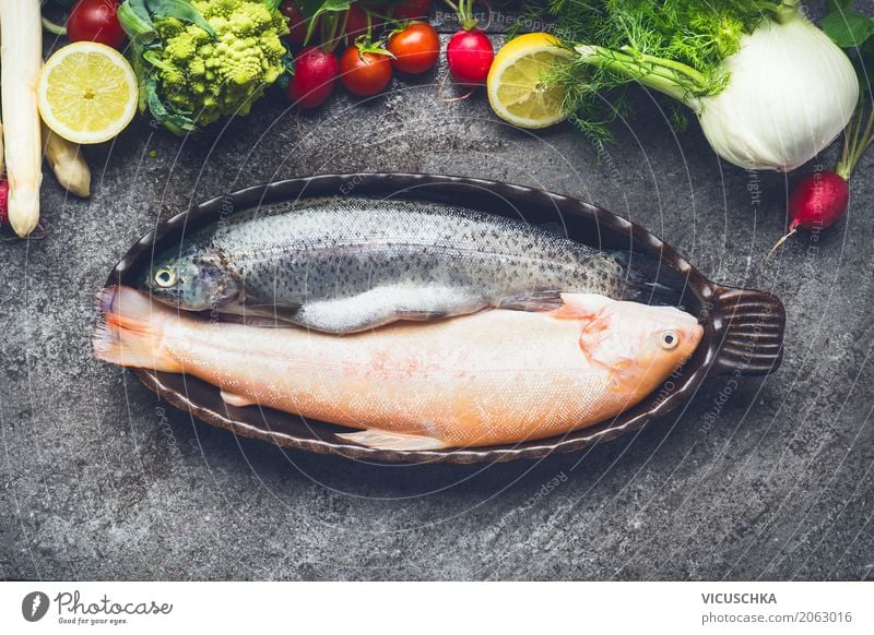 Fish dishes, baked trout and vegetables Food Vegetable Nutrition Banquet Organic produce Vegetarian diet Diet Crockery Style Healthy Eating Table Kitchen Nature