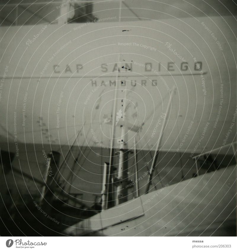 san diego Port of Hamburg cap san diego Deserted Tourist Attraction Navigation Harbour Emotions Calm Black & white photo Exterior shot Lomography Day Bow Hull