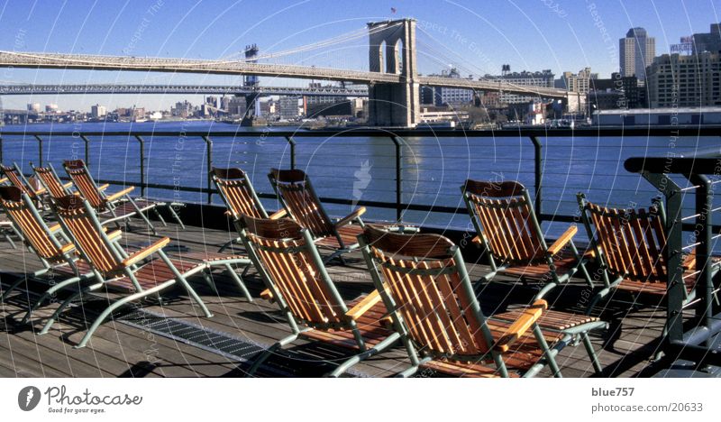 Beautiful view Deckchair East River Brooklyn Bridge Manhattan Bridge New York City Vantage point Skyline pier 17