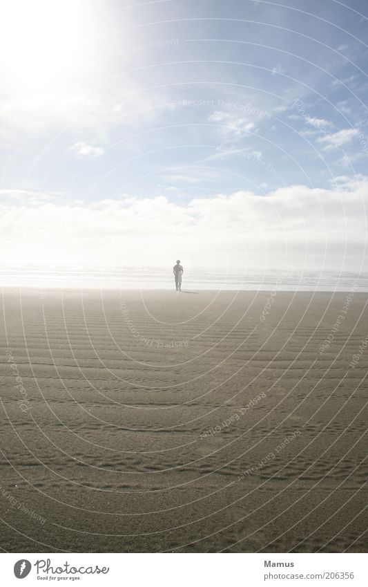 gone away Far-off places Freedom Summer Sun Beach Ocean Human being Masculine Man Adults 1 Sand Water Sky Clouds Horizon Sunlight Beautiful weather Fog Waves