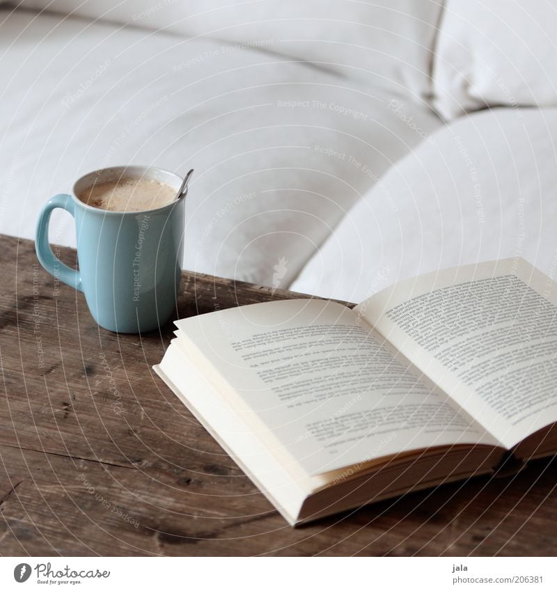 have a good time Beverage Hot drink Hot Chocolate Coffee Latte macchiato Cup Spoon Living or residing Flat (apartment) Sofa Table Book Relaxation To enjoy Blue