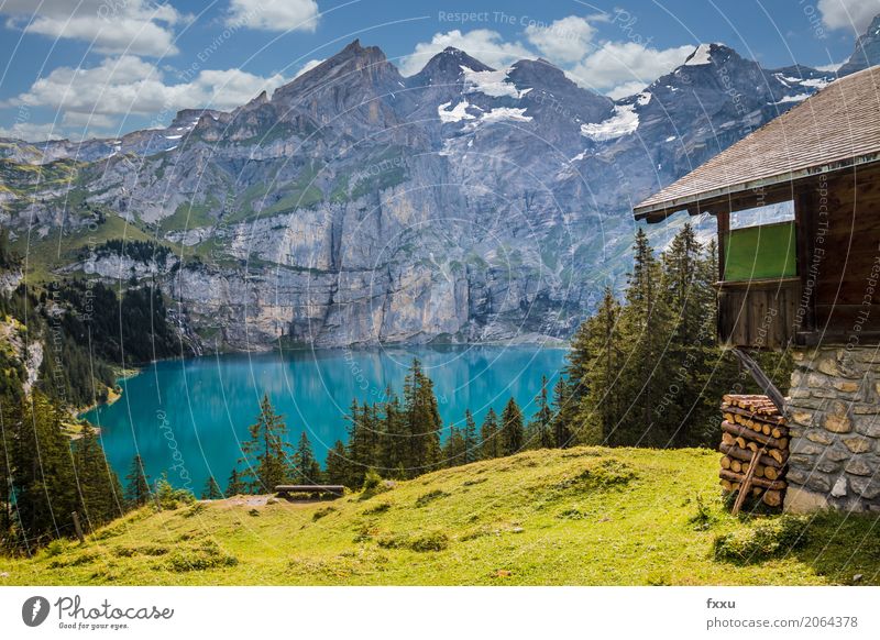 Hats off Lake Oeschinen in Switzerland Mountain Landscape Nature kandersteg Blue Alps Sky Dusk wallpapers Blue sky Vacation & Travel Bench Reflection Summer