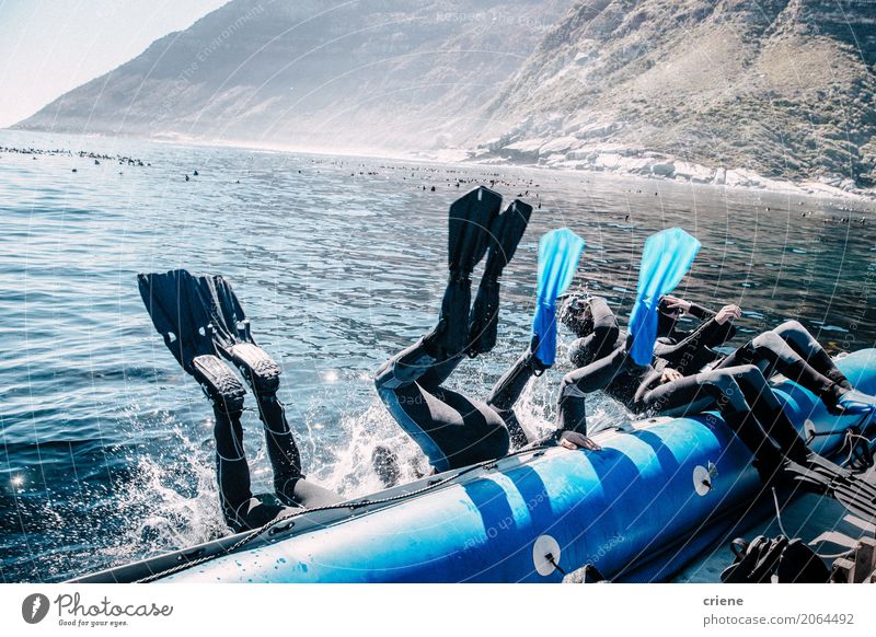 Group of friends jumping from boat for a dive Lifestyle Joy Leisure and hobbies Vacation & Travel Trip Adventure Summer Summer vacation Ocean Waves Sports Dive